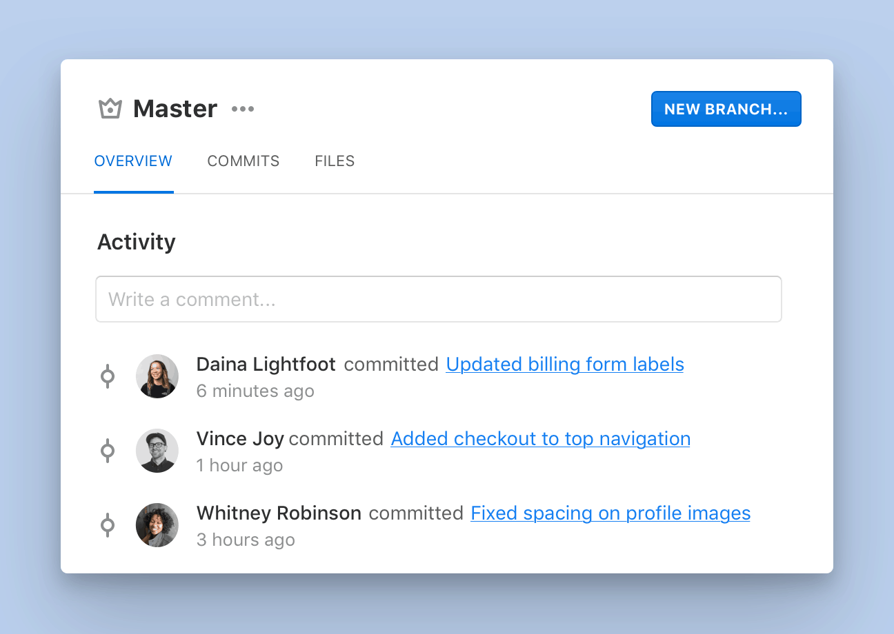 Activity feed on Master Branch displays the full history of every change to the Master files