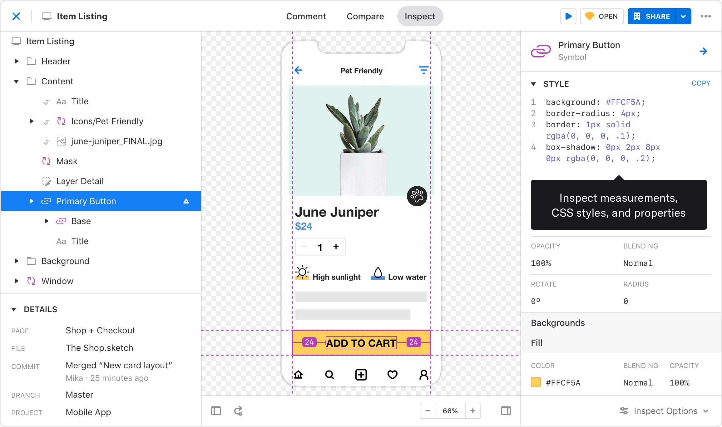 An overview of Abstract’s inspect view where developers can copy CSS styles, properties, and measurements.