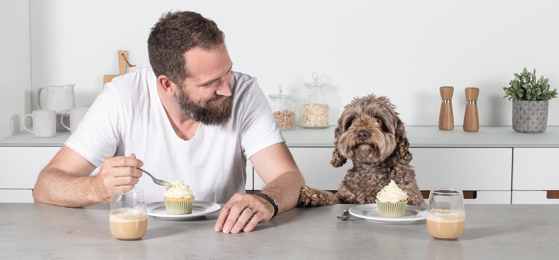 Mann und Hund sitzen in der Küche am Tisch und essen Cupcakes.