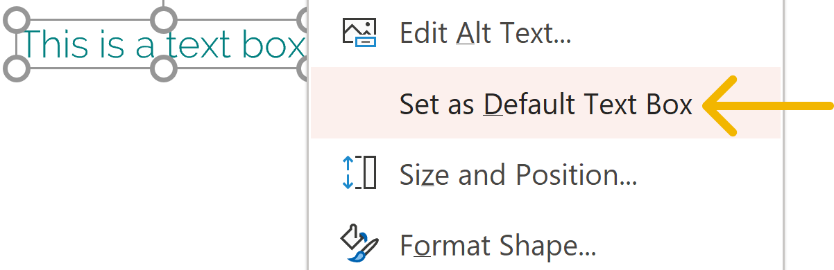 Screenshot of the 'Set as Default Text Box' option