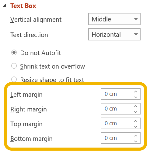 Screen shot of text margin settings