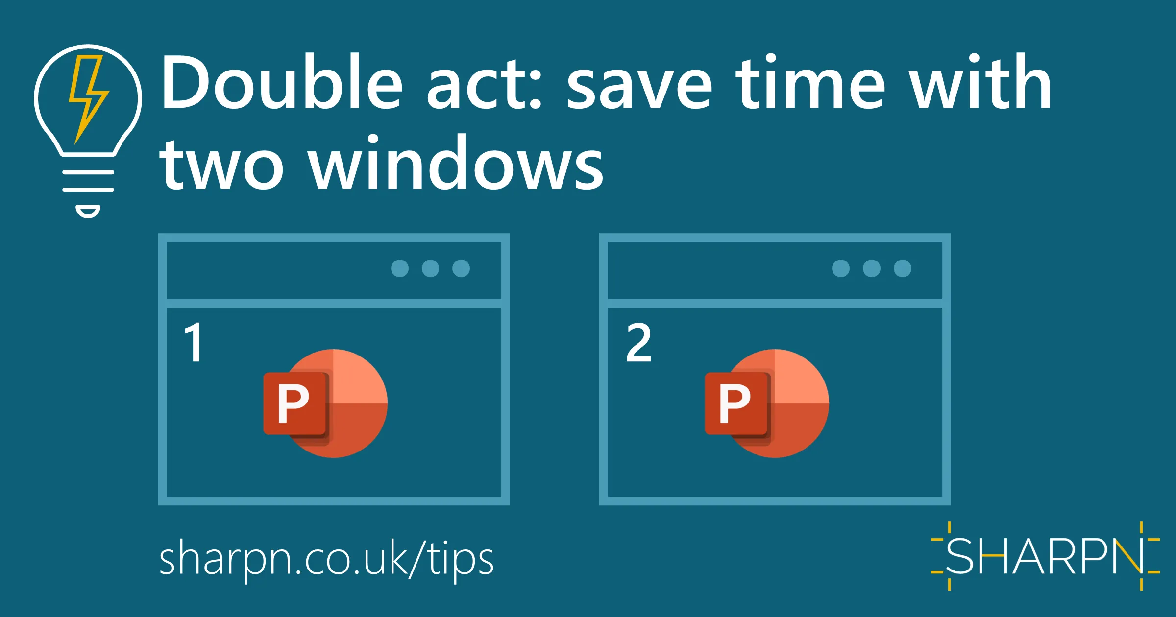 Article title plus a simplistic image of two application windows, each with a PowerPoint icon, numbered 1 and 2