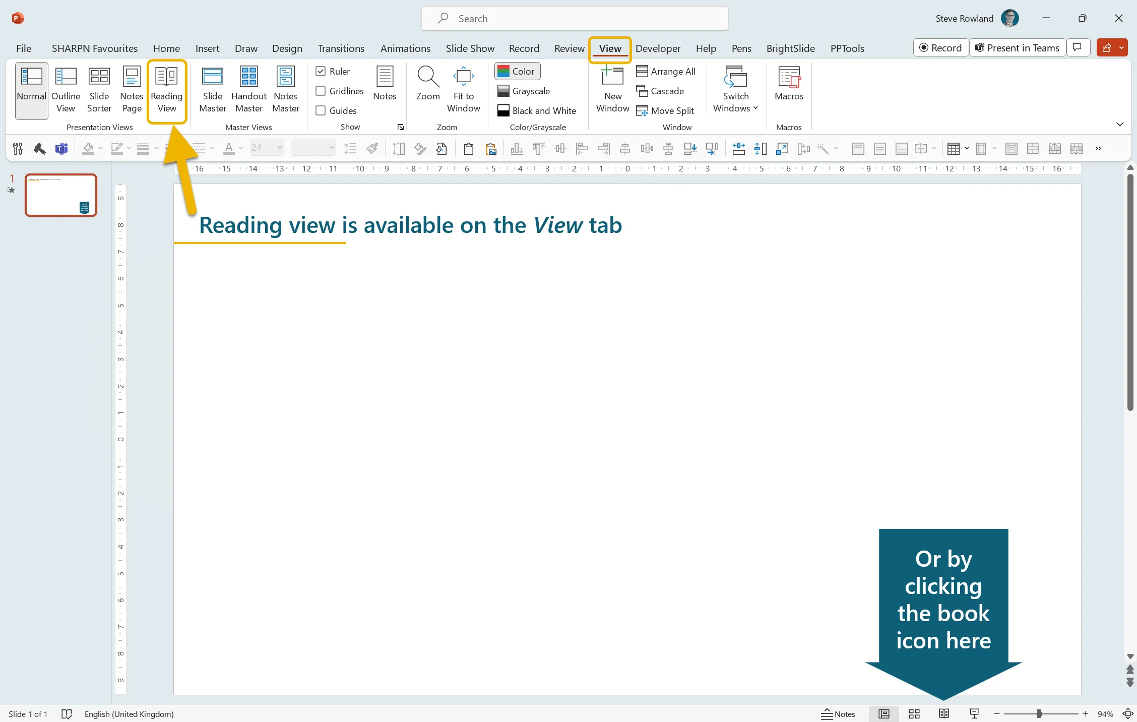 A screenshot of a PowerPoint window highlighting the two places that you can access Reading View