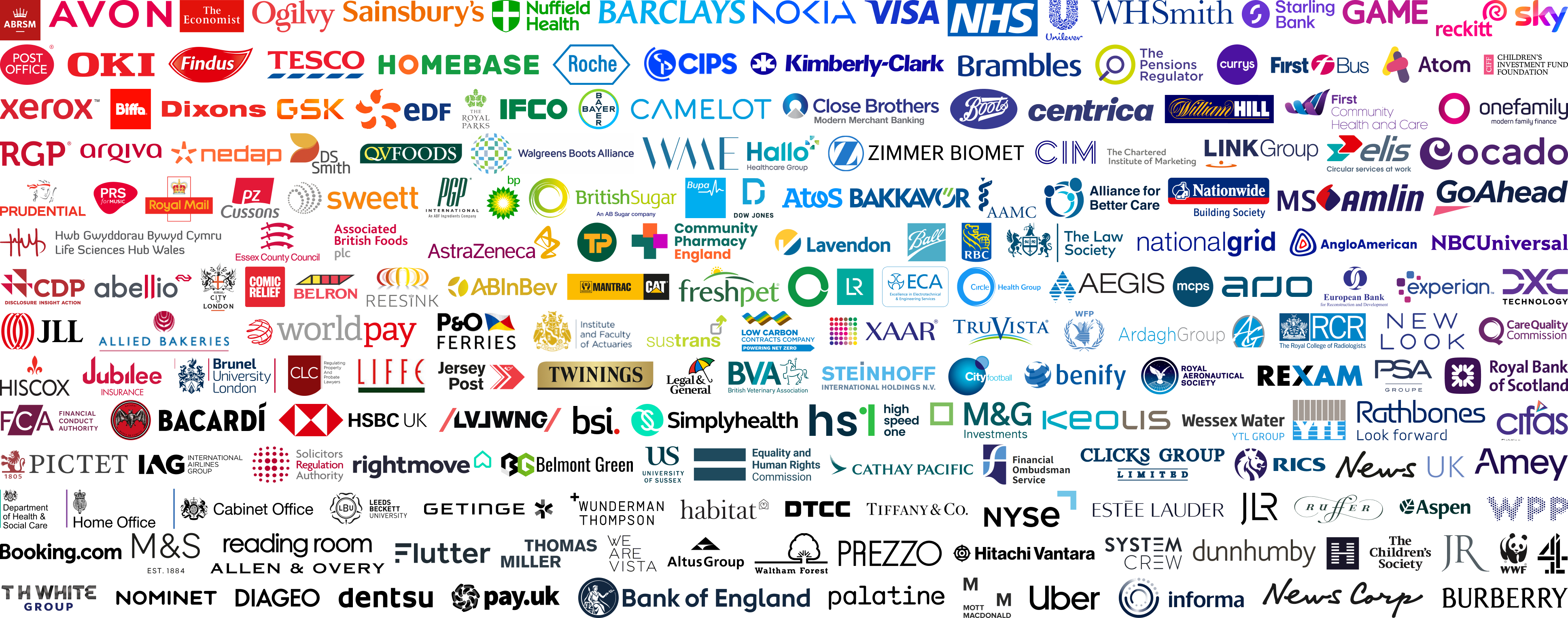 A rectangular logo cloud comprising a few hundred different logos, arranged by colour 