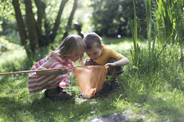 girl and boy in the woods looking into a net
