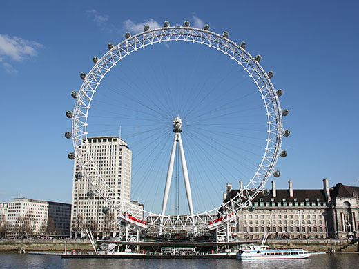 The London Eye in front of a blue sky