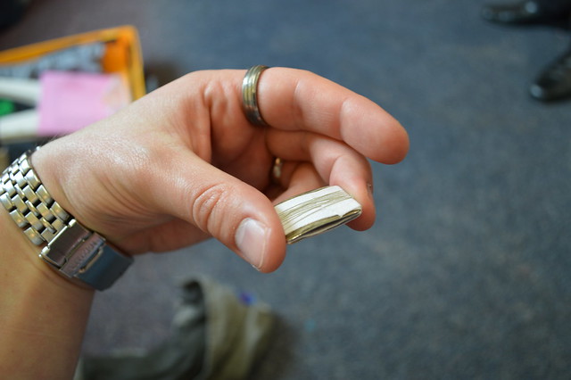 A swazzle which is made of two strips of metal bound around a cotton tape reed