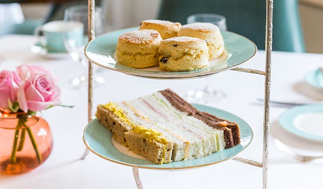 finger sandwiches on an afternoon tea tray