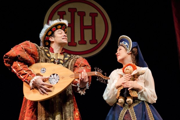 Anne Boleyn and Henry VIII performing in Horrible Histories Barmy Britain