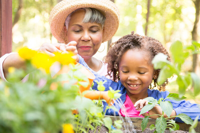 Little girl and grandma gardening at Glastonbury at home