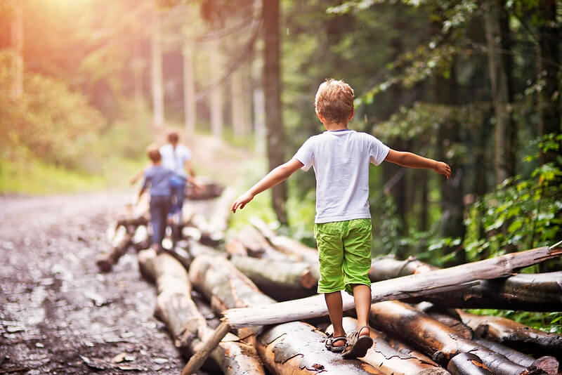Boy walking along tree trunks to discover minibeasts, like at Sally's Adventure Club.