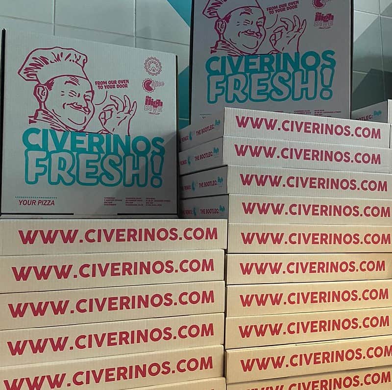 Pizza boxes at Civerino's, a child-friendly restaurant in Edinburgh
