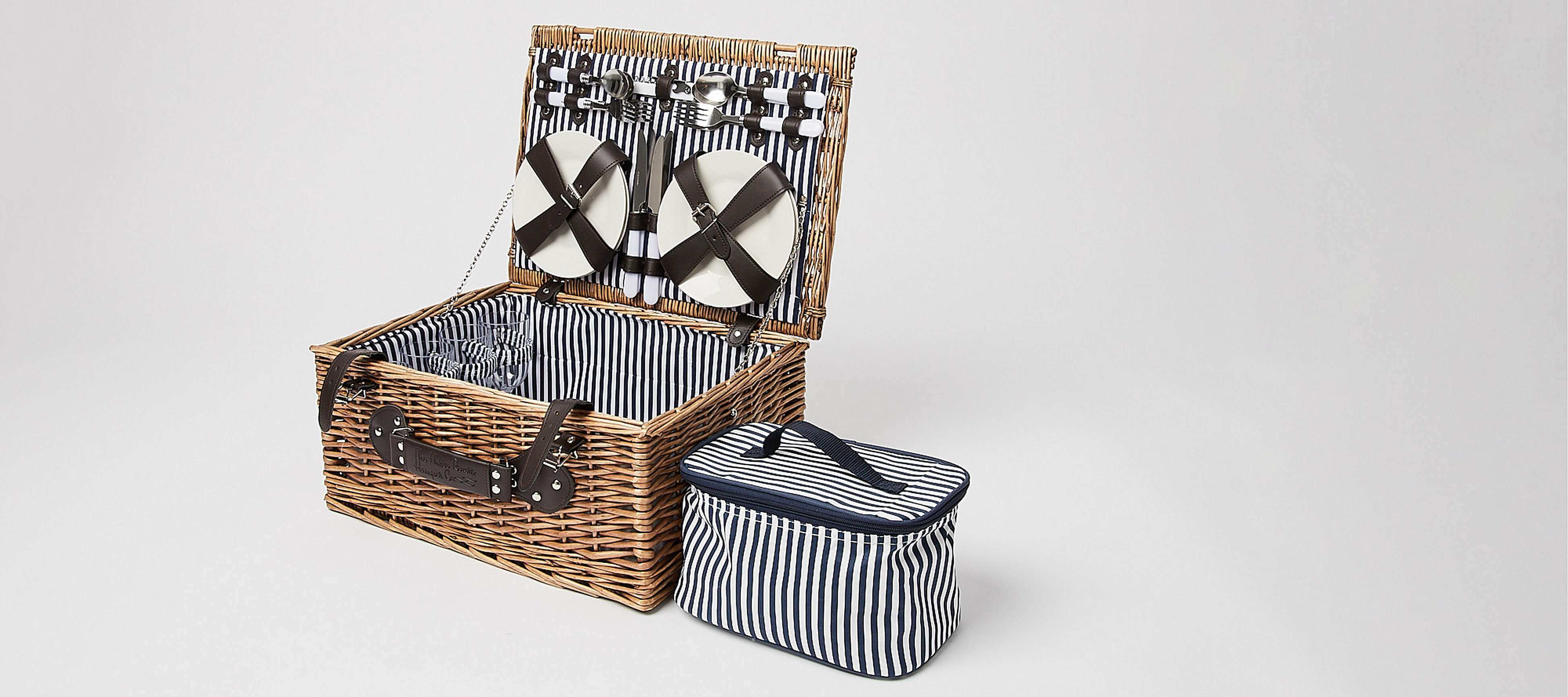 navy and white striped picnic basket