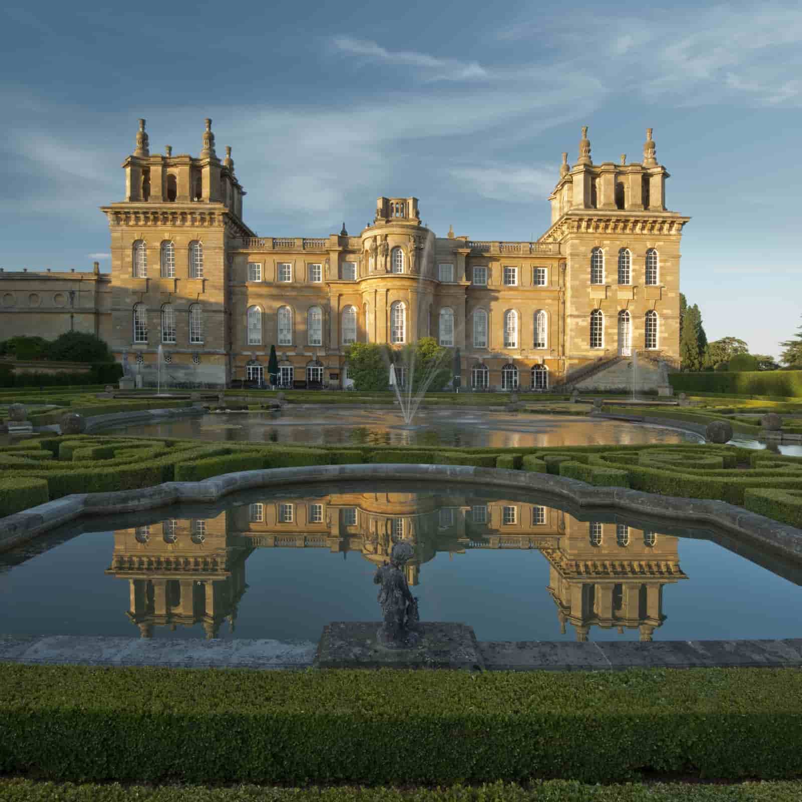 Blenheim Palace, the only non-royal palace in England, against the blue sky.
