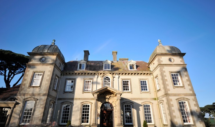 Grand facade at Fowey Hall Hotel.
