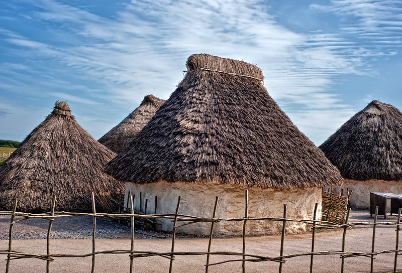 Four stone-age huts at Skara Brae.