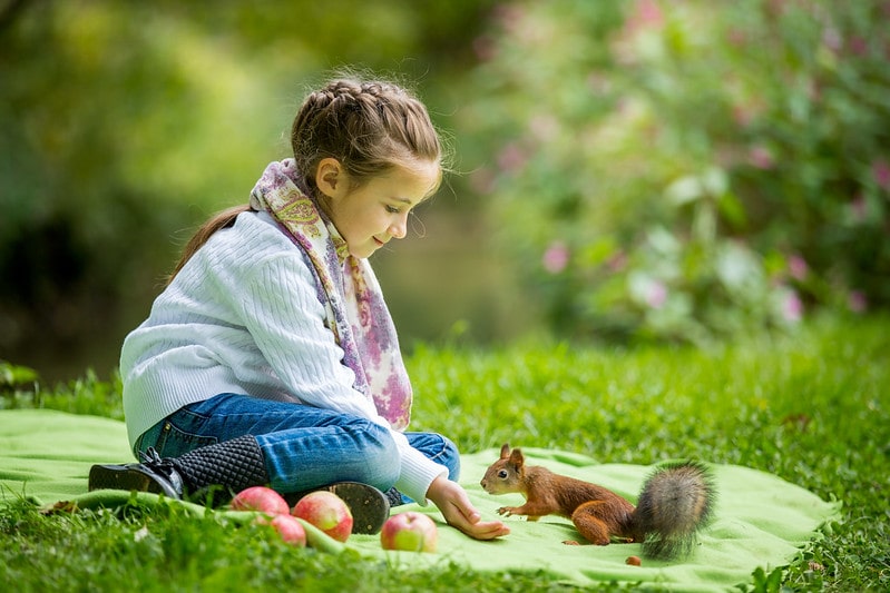 Little girl sitting on a rug on the grass feeding a squirrel.