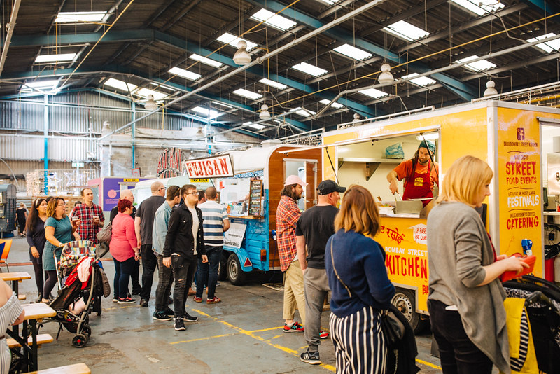 Patrons lining up outside different food stalls in the Big Feed, Glasgow.