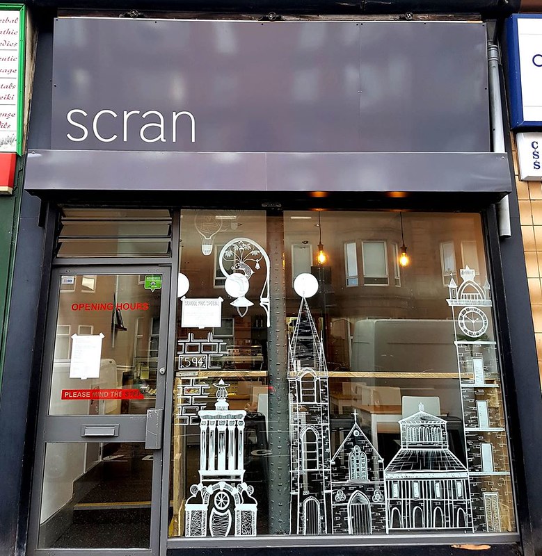 View of Scran restaurant in Glasgow, from outside.