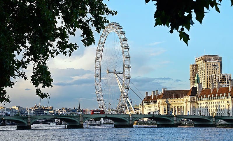 View of the London Eye from the River Thames.
