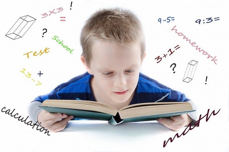 Boy looking at a boy with a mathematical word cloud around his head.