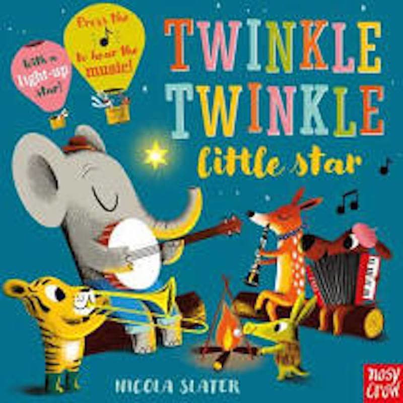 Cover of Twinkle Twinkle Little Star: five small animals holding musical instruments play their instruments joyfully by a fire, against the night sky.