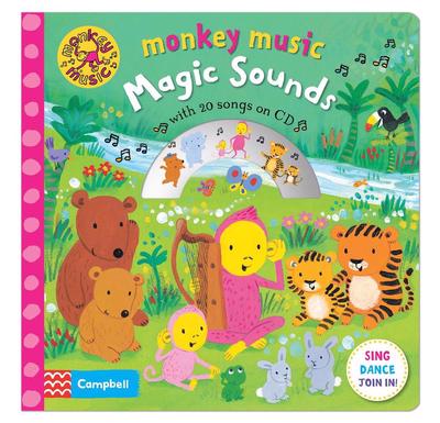 Cover of Monkey Music Magic: jungle animals are sat in the wilderness around a pink monkey holding a harp.