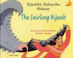 Cover of The Swirling Jijab: a woman in red clothing is holding a long grey hijab in the air.