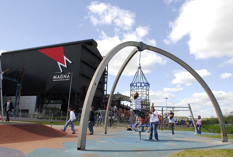 Magna Science Adventure building from the outside, with the playground in the foreground.