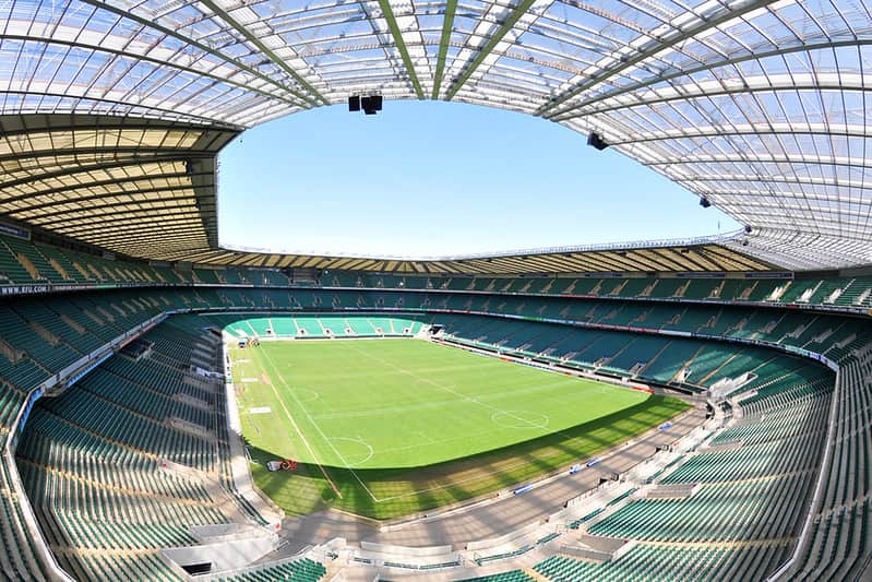Rugby pitch at Twickenham stadium.
