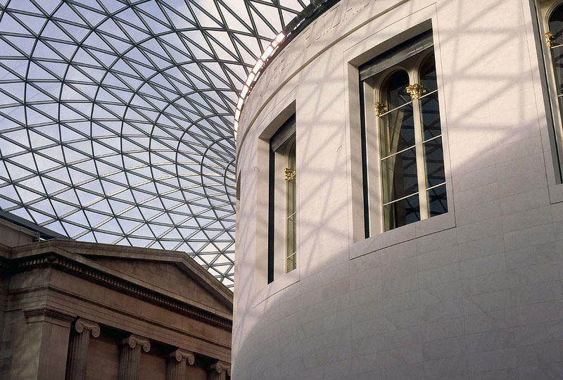 Looking up at the British Museum's geometric glass ceiling.