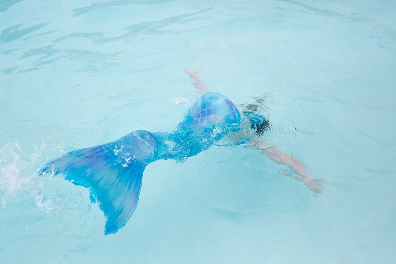 Blue mermaid diving own under the clear blue water.
