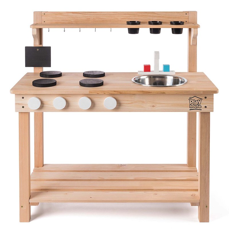 Toyrific Playhouse Marvellous Mud Kitchen with a removable metal sink, pans, utensils, a recipe chalkboard and 3 plant pots.
