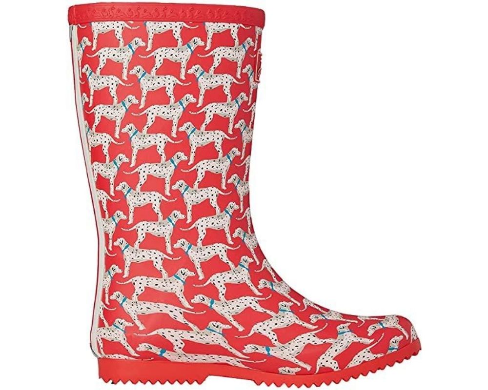 Red Joules Roll Up Kids Wellies with a Dalmation print.