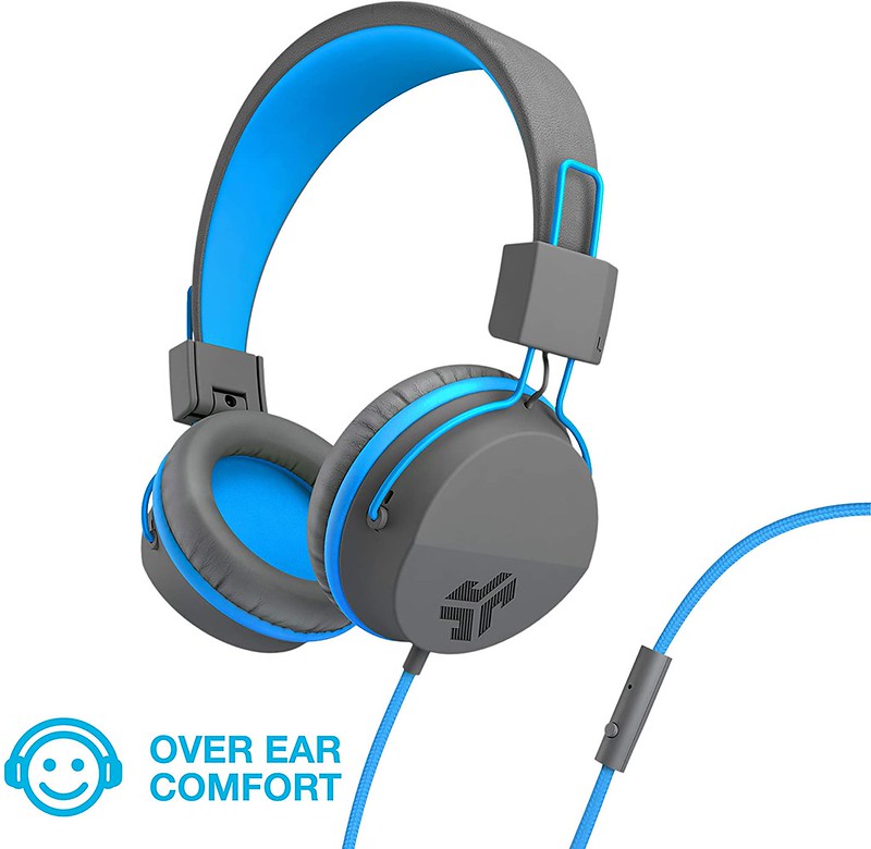 Blue and grey over-ear headphones.