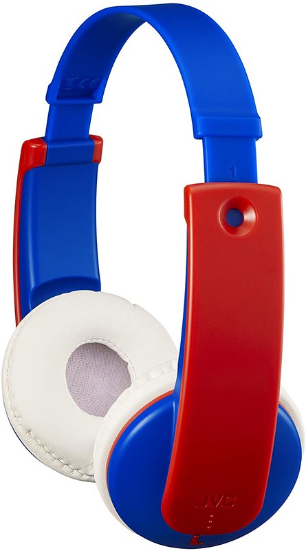 Red, white and blue JVC headphones.