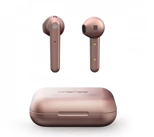Rose gold in-ear headphones.