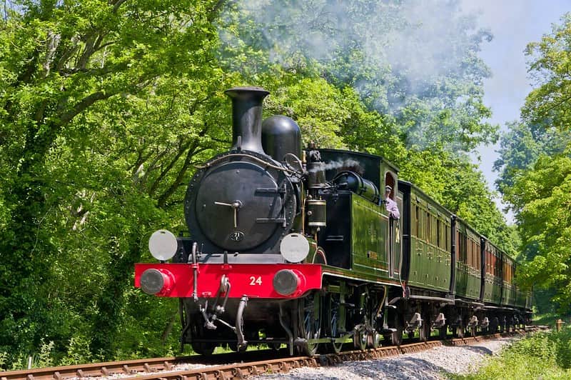 Steam train moving along the tracks with trees on either side.