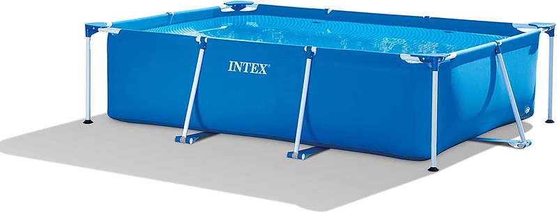 The Intex Rectangular Metal Pool with a rectangular metal frame and puncture-resistant material.