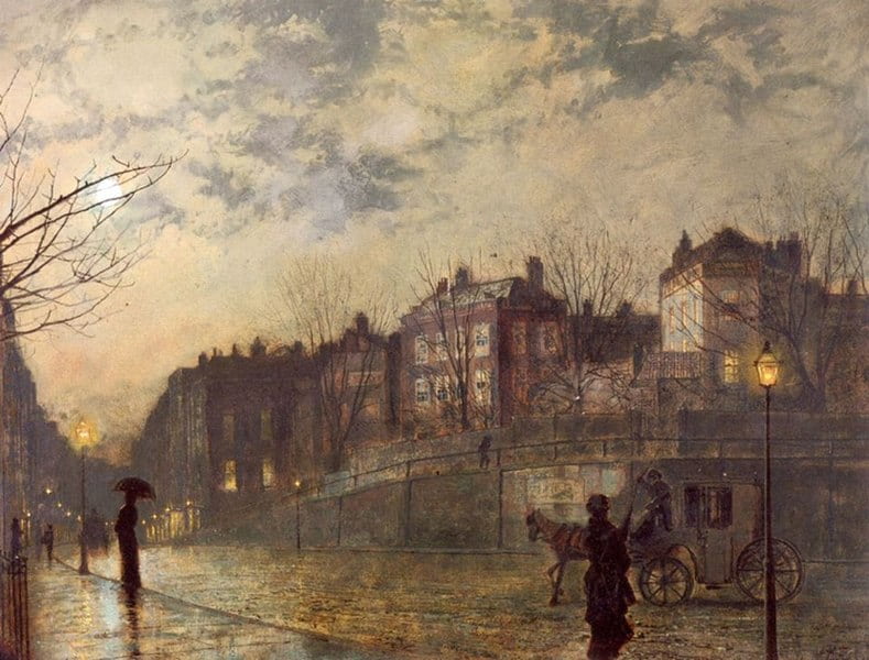 Painting of a Victorian street in the rain at night time.