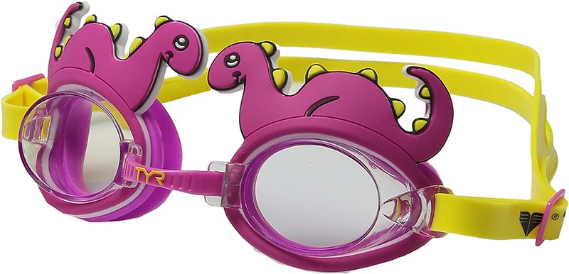 Purple and yellow dinosaur-themed TYR Kids Character Goggles.