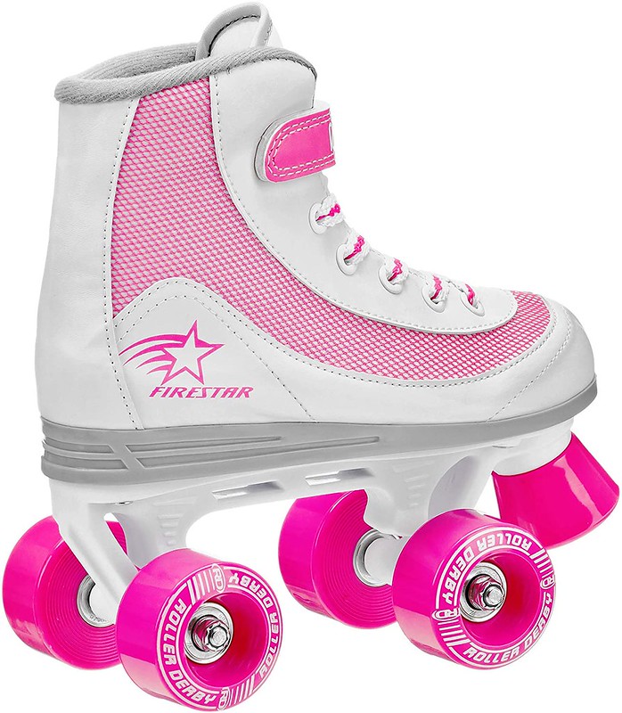 Pink and white rollerskates.