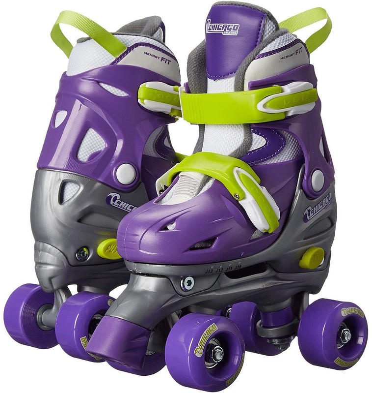 Chicago Kids Quad Adjustable Roller Skates in purple and green.
