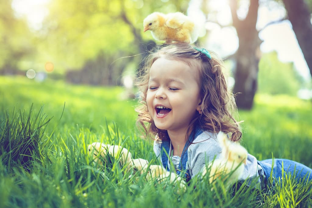 Little girl lying on the grass laughing because there's a chick on her head.