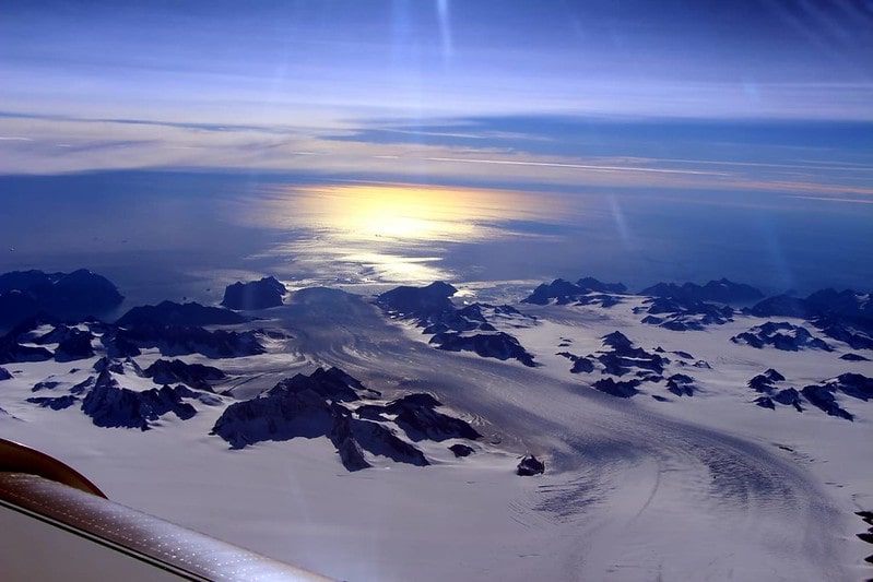 Aerial view of the ice-sheet in Greenland melting in summer.
