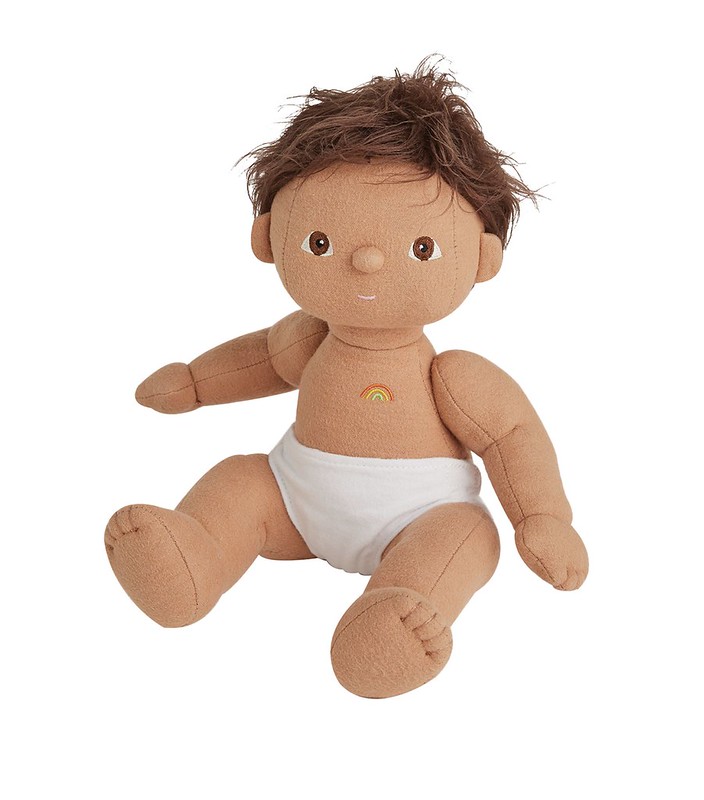 Soft baby doll with rainbow on chest.