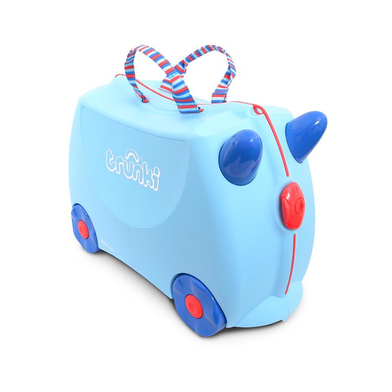 A blue George Special Trunki Ride-On Suitcase.