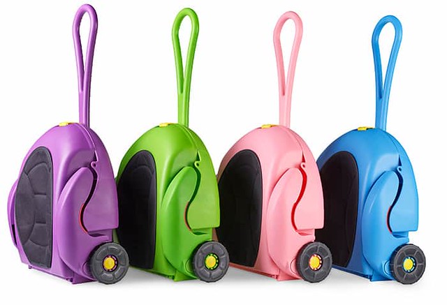 Four CarGoSeat cases all in different colours (purple, green, pink and blue).