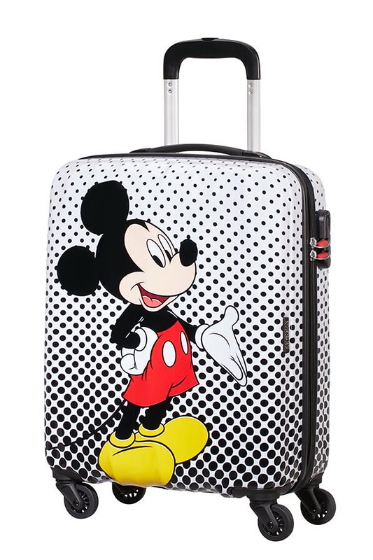 White and black polka dot wheel-along suitcase with Mickey Mouse on the front.