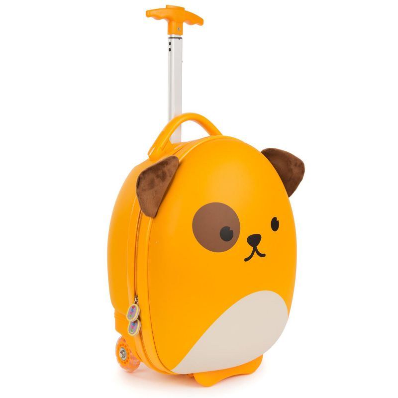 Orange dog-themed Boppi Tiny Trekker suitcase.